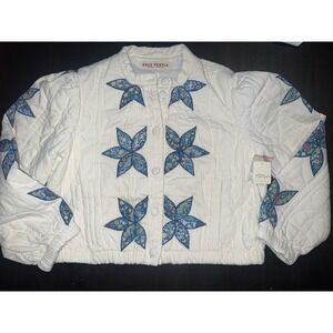 Free People Quilted Floral Star Applique Bomber Jacket Cream White Womens M